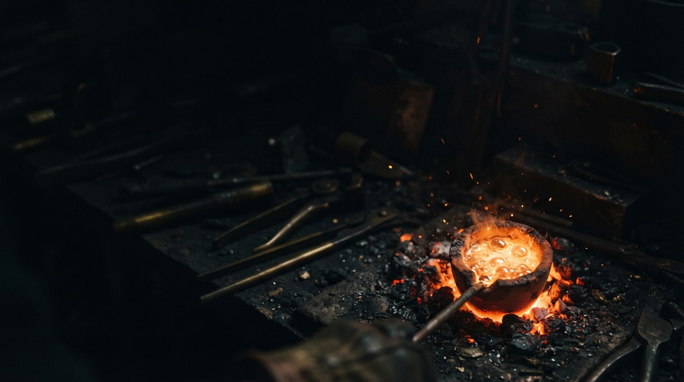 A low foundry crucible glowing in darkness