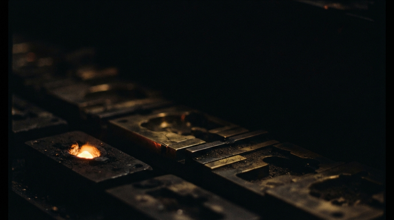 Aged brass casting moulds in a dark foundry