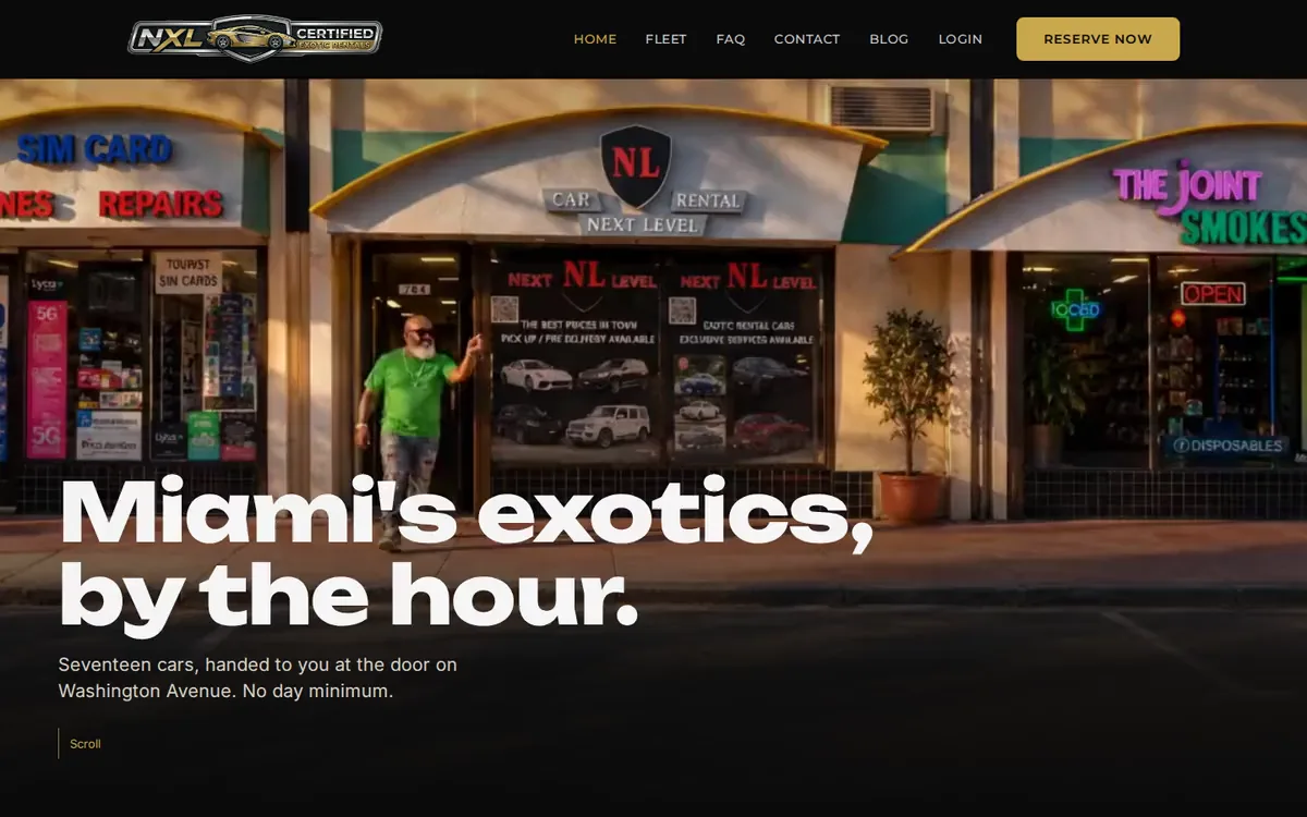 NXL Certified Exotic Rentals live website, scrolling